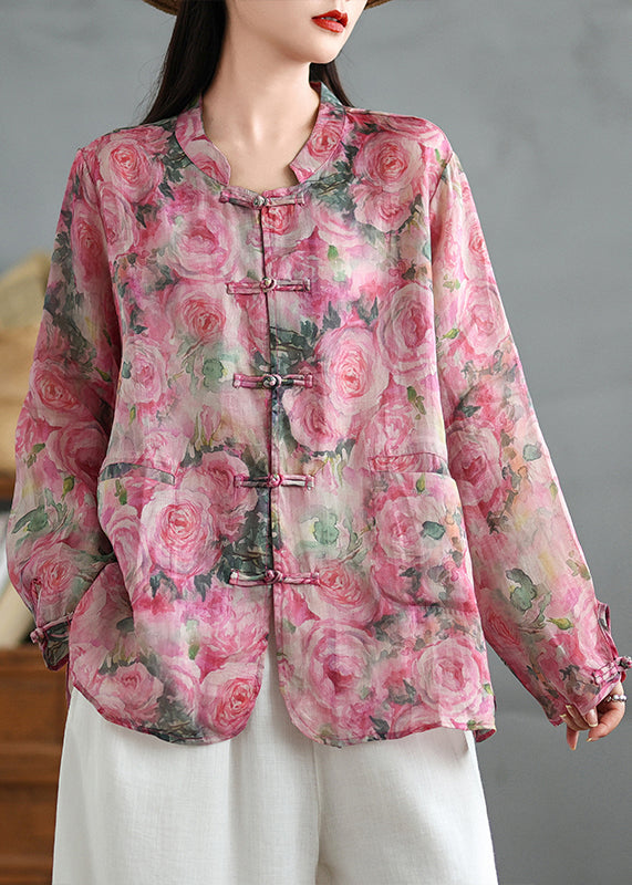 Chemise en lin à boutons orientaux à imprimé rose de style chinois Manteau d'automne QO080