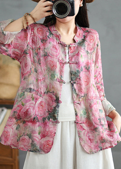 Chemise en lin à boutons orientaux à imprimé rose de style chinois Manteau d'automne QO080