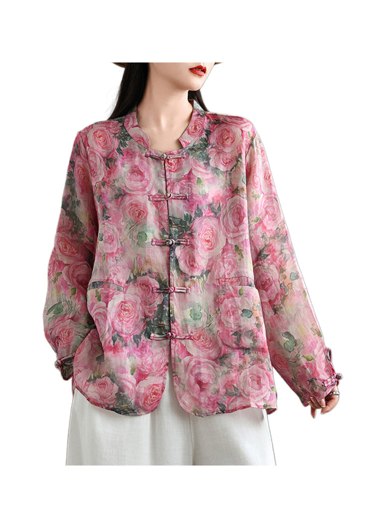 Chemise en lin à boutons orientaux à imprimé rose de style chinois Manteau d'automne QO080