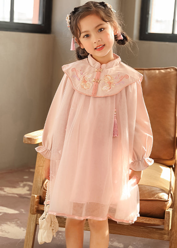Chinese Style Pink Stand Collar Embroideried Girls Long Dresses Lantern Sleeve TV028