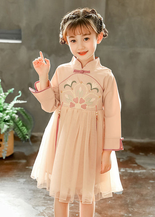 Chinese Style Pink Stand Collar Embroideried Tulle Kids Long Dress Spring YE031