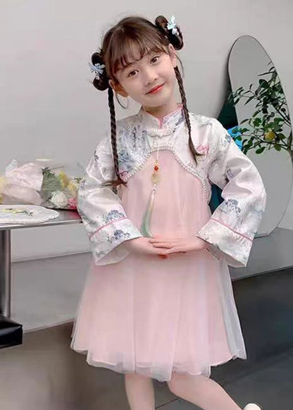 Maxi Kids Dress Bead Chinese Tulle Nail Collar Style Stand Pink