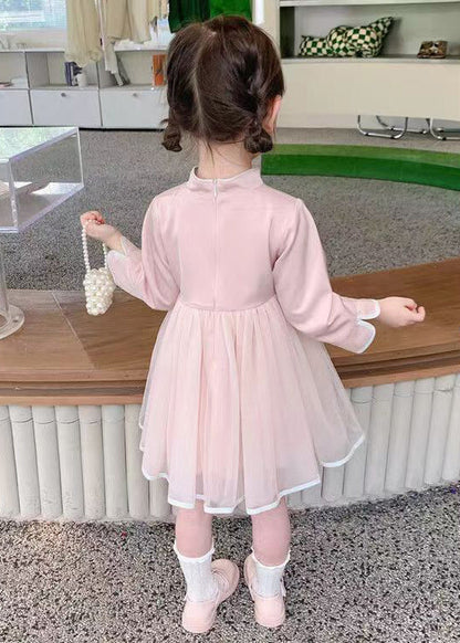 Chinese Style Pink Stand Collar Tulle Patchwork Girls Dresses Long Sleeve XZ018