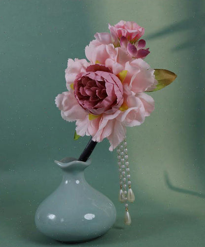 Chinese Pink Wooden Style Hairpin Peony Tassel Pearl