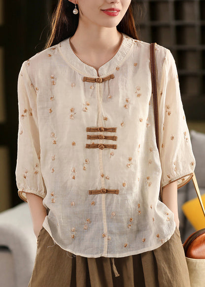Style Purple Embroidered Linen Button Summer Oriental Top Chinese