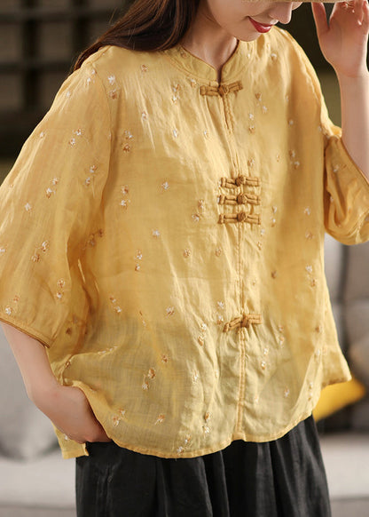 Style Purple Embroidered Linen Button Summer Oriental Top Chinese