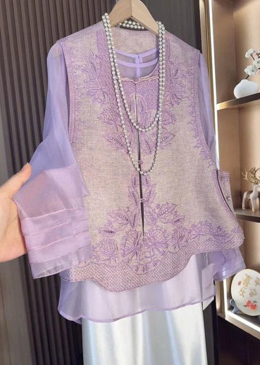 Purple Chinese Style Set Tops Waistcoat Embroidered Two-Piece And