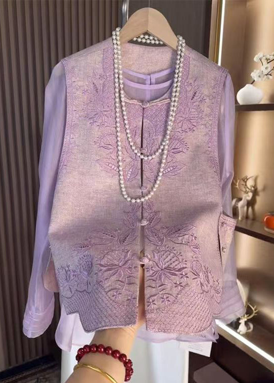 Purple Chinese Style Set Tops Waistcoat Embroidered Two-Piece And