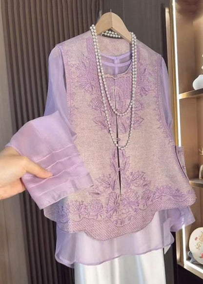Purple Chinese Style Set Tops Waistcoat Embroidered Two-Piece And