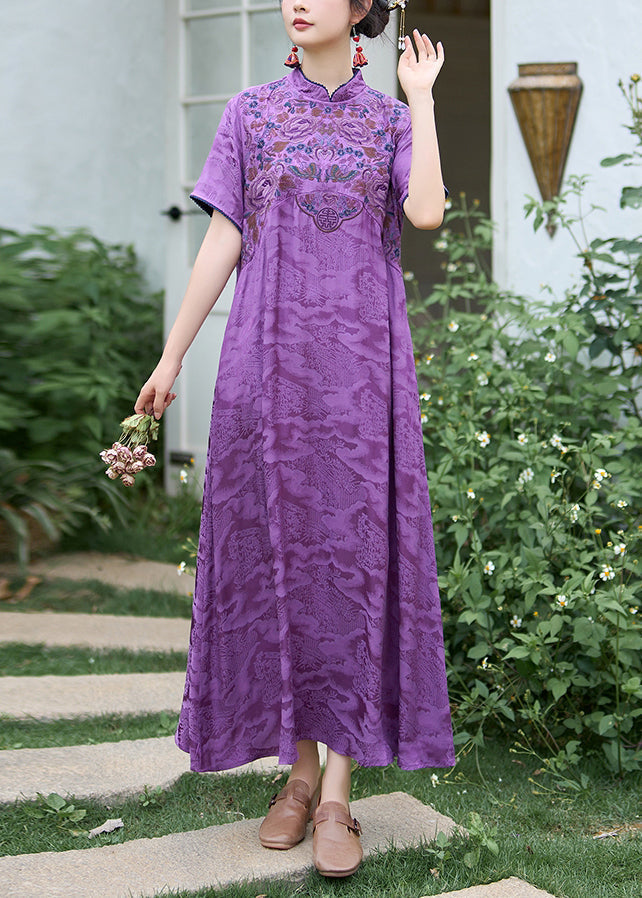 Robe d'été en soie brodée à col montant violet de style chinois WW1016