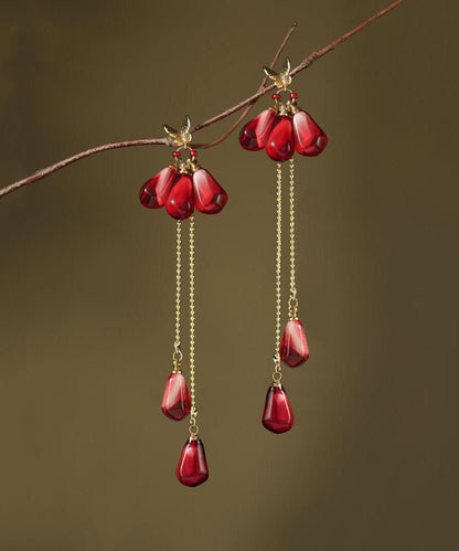 Chinese Style Red Copper Overgild Resin Glass Beads Tassel Drop Earrings QJ036