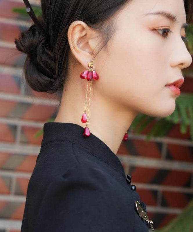 Chinese Style Red Copper Overgild Resin Glass Beads Tassel Drop Earrings QJ036