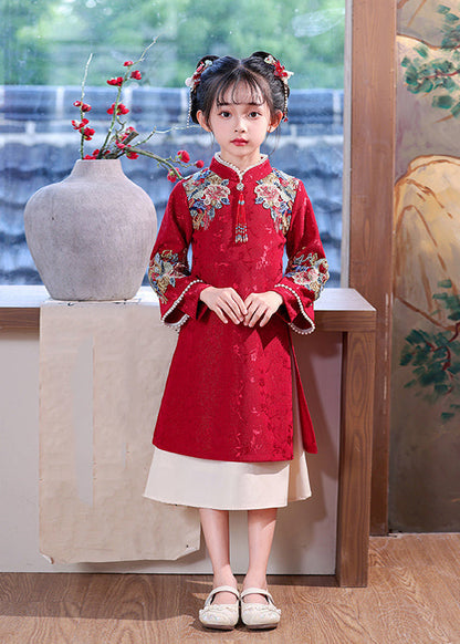 Chinese Dress Kids Embroideried Maxi Red Nail Bead Style Spring