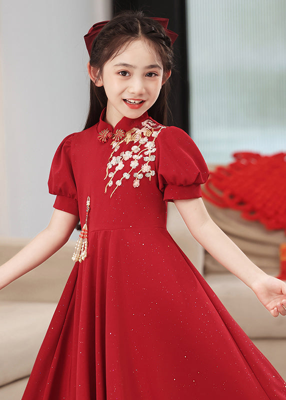 Chinese Long Print Kids Patchwork Style Sleeve Red Dress Puff