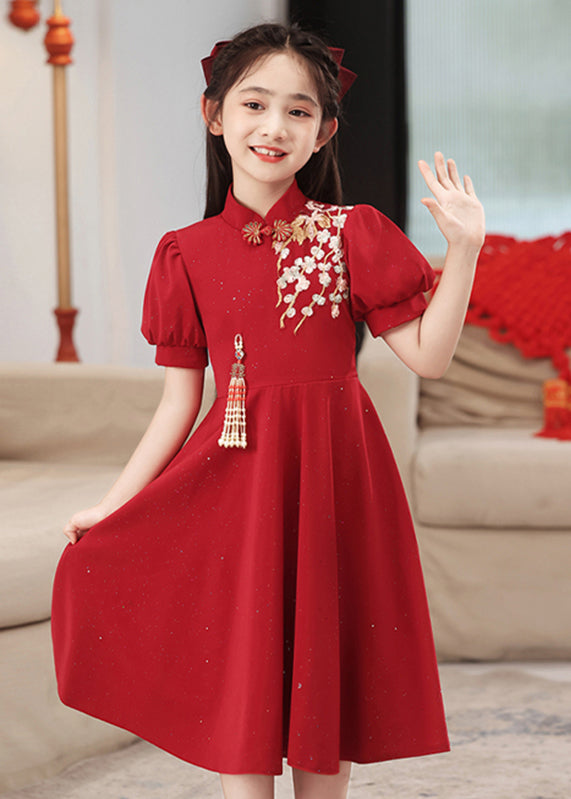 Chinese Long Print Kids Patchwork Style Sleeve Red Dress Puff