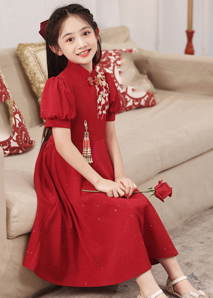 Chinese Long Print Kids Patchwork Style Sleeve Red Dress Puff