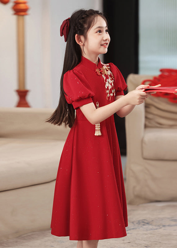 Chinese Long Print Kids Patchwork Style Sleeve Red Dress Puff