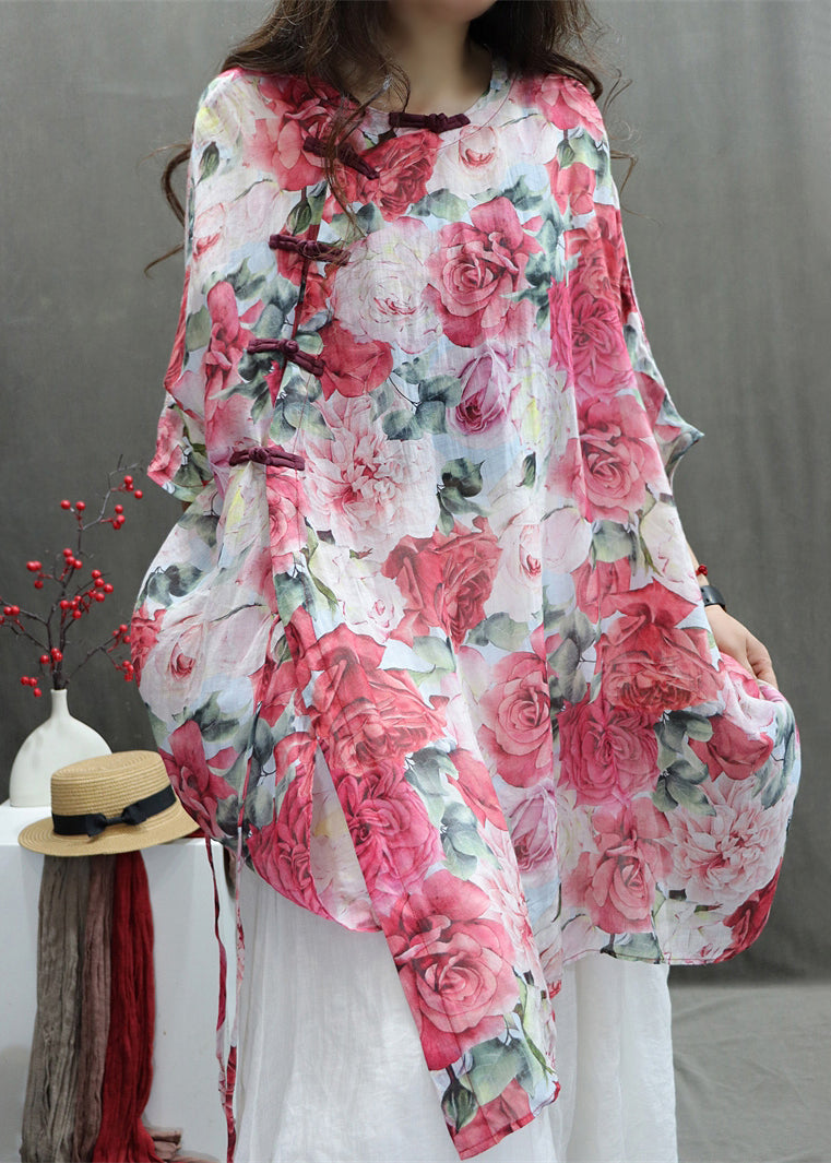 Cotton Sleeve Print Half Roses Chinese Style Red Shirts