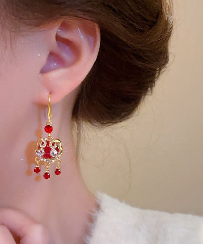 Chinese Style Red Sterling Silver Alloy Zircon Safety Lock Tassel Drop Earrings WH033