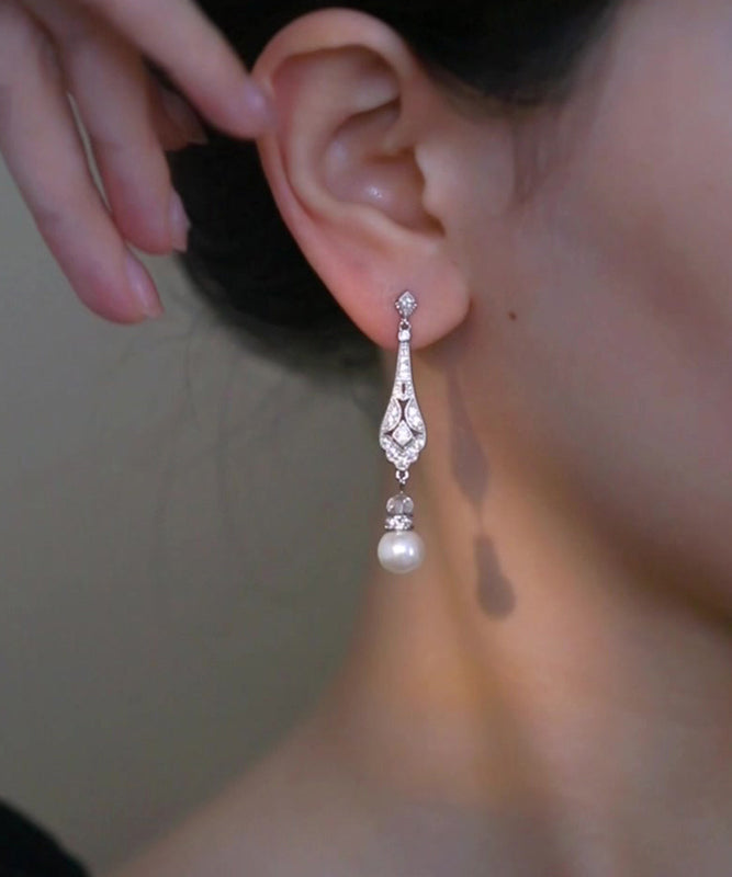 Chinese Earrings Drop Copper Pearl Zircon Silk Style