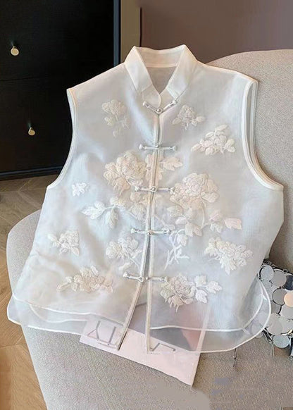 Chinese Style White Embroidered Button Tulle Waistcoat Sleeveless JH022