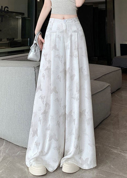 Butterfly Draping Print Floral Pockets Chinese White Style Pants