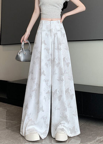Butterfly Draping Print Floral Pockets Chinese White Style Pants