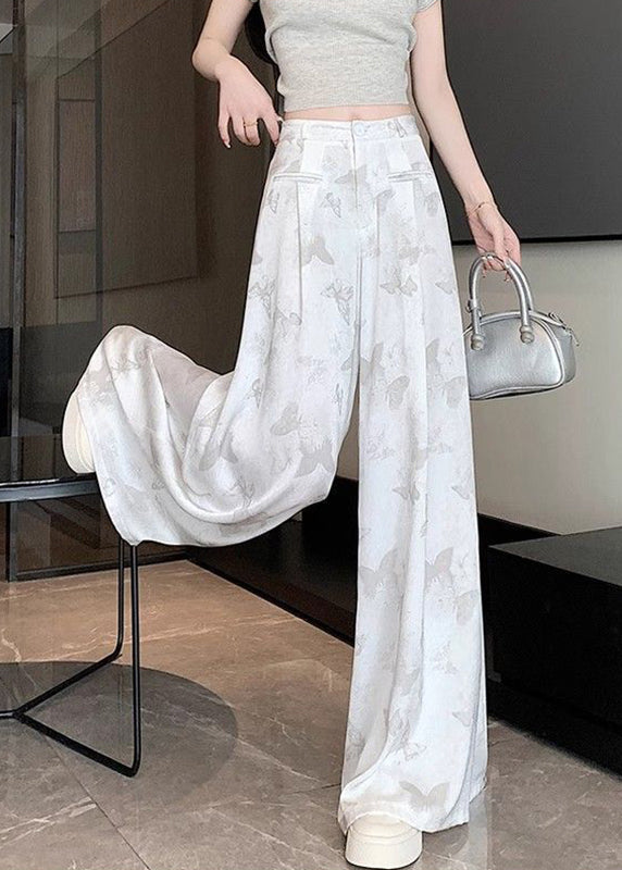 Butterfly Draping Print Floral Pockets Chinese White Style Pants