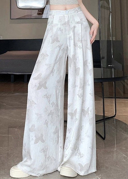 Butterfly Draping Print Floral Pockets Chinese White Style Pants