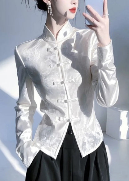 Chinese Style White Stand Collar Oriental Button Silk Shirt Top Spring YZ018