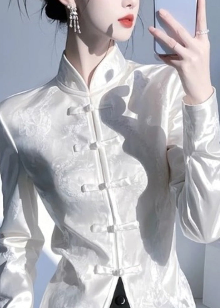 Chinese Style White Stand Collar Oriental Button Silk Shirt Top Spring YZ018