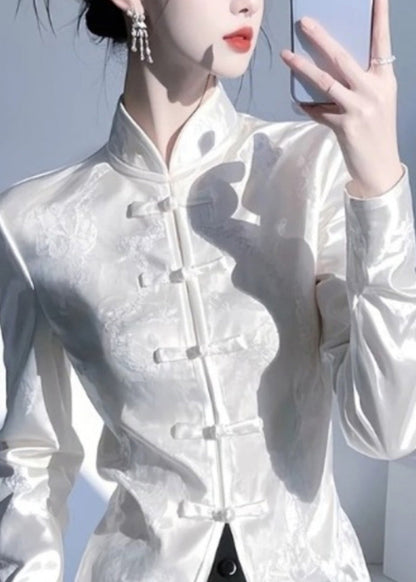 Chinese Style White Stand Collar Oriental Button Silk Shirt Top Spring YZ018
