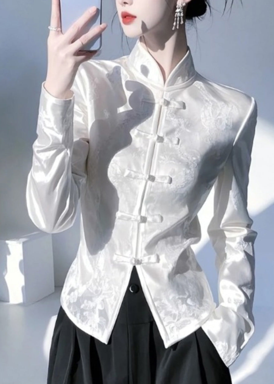 Chinese Style White Stand Collar Oriental Button Silk Shirt Top Spring YZ018