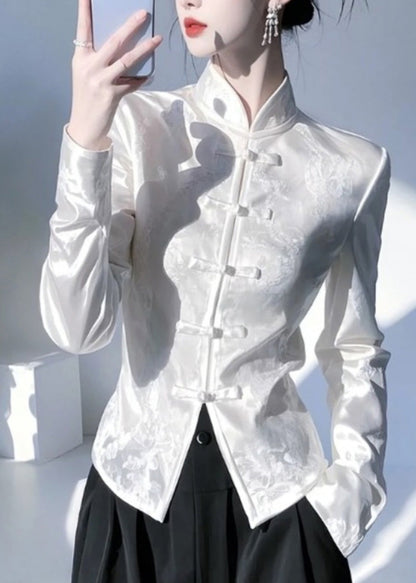 Chinese Style White Stand Collar Oriental Button Silk Shirt Top Spring YZ018