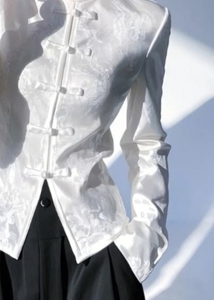 Chinese Style White Stand Collar Oriental Button Silk Shirt Top Spring YZ018