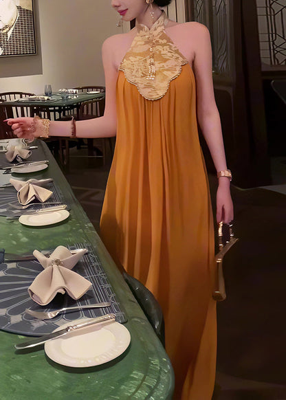 Collar Summer Patchwork Yellow Long Chinese Dress Style Stand