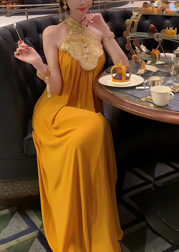 Collar Summer Patchwork Yellow Long Chinese Dress Style Stand