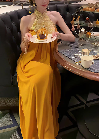 Collar Summer Patchwork Yellow Long Chinese Dress Style Stand