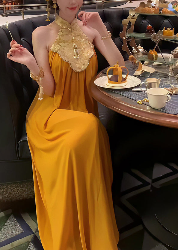 Collar Summer Patchwork Yellow Long Chinese Dress Style Stand