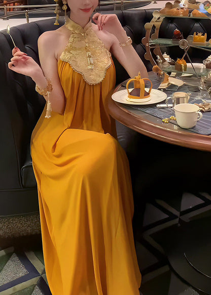 Collar Summer Patchwork Yellow Long Chinese Dress Style Stand