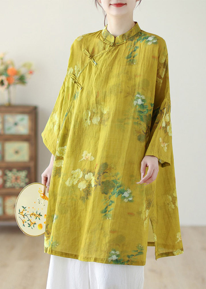 Chinese Style Yellow Stand Collar Print Button Linen Shirts Long Sleeve GH1090