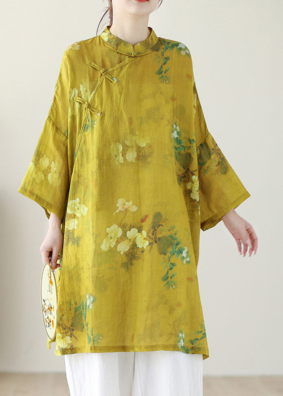 Chinese Style Yellow Stand Collar Print Button Linen Shirts Long Sleeve GH1090