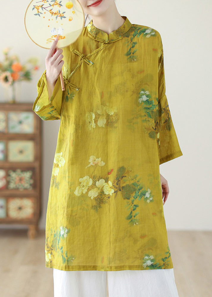 Chinese Style Yellow Stand Collar Print Button Linen Shirts Long Sleeve GH1090