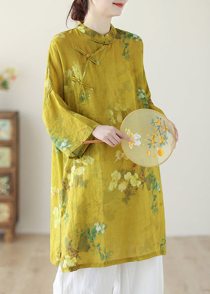 Chinese Style Yellow Stand Collar Print Button Linen Shirts Long Sleeve GH1090