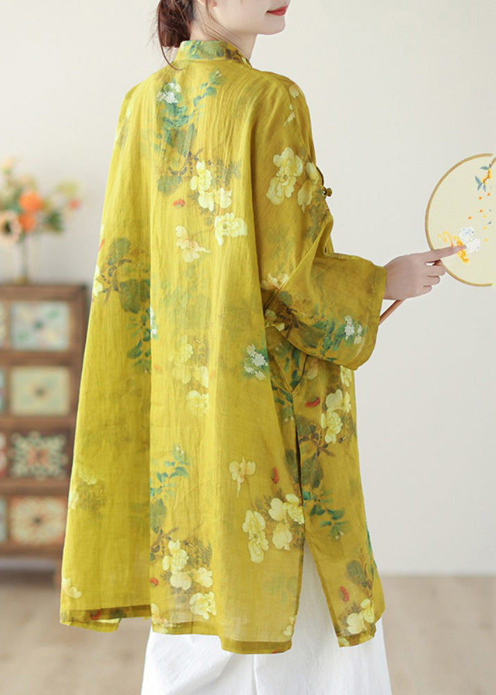 Chinese Style Yellow Stand Collar Print Button Linen Shirts Long Sleeve GH1090