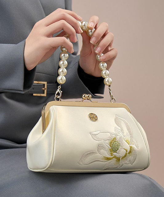 Cowhide Handbag Crossbody Embroidered White Pearl Chinese