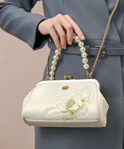 Cowhide Handbag Crossbody Embroidered White Pearl Chinese