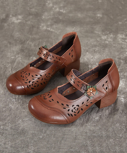 Hollow Chunky Out Heel Leather Chocolate Cowhide Boho Splicing