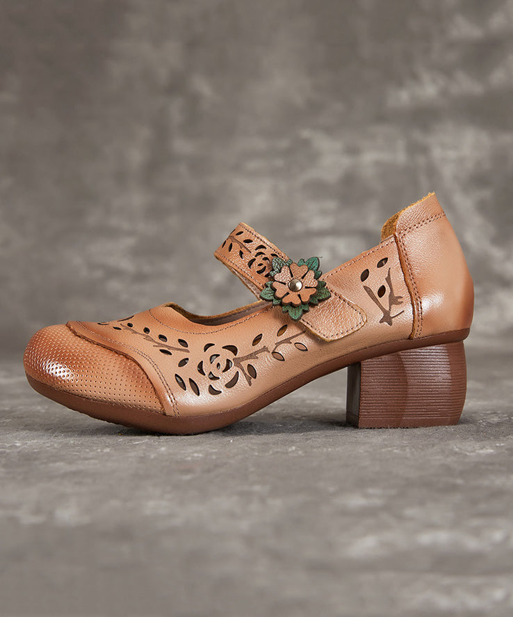 Hollow Chunky Out Heel Leather Chocolate Cowhide Boho Splicing