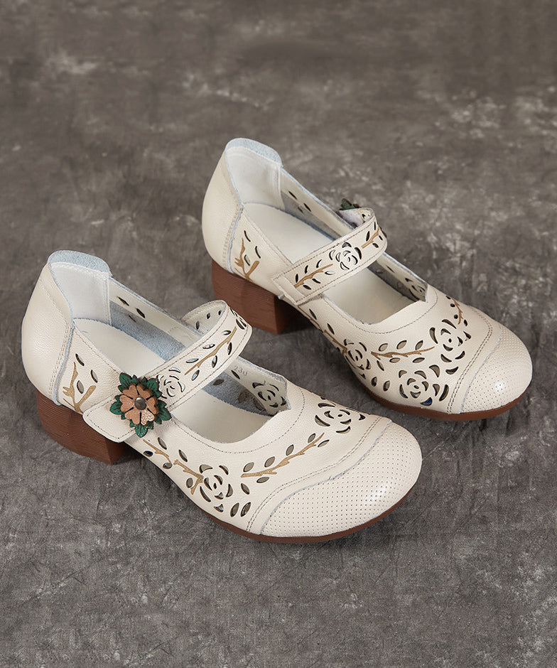 Hollow Chunky Out Heel Leather Chocolate Cowhide Boho Splicing